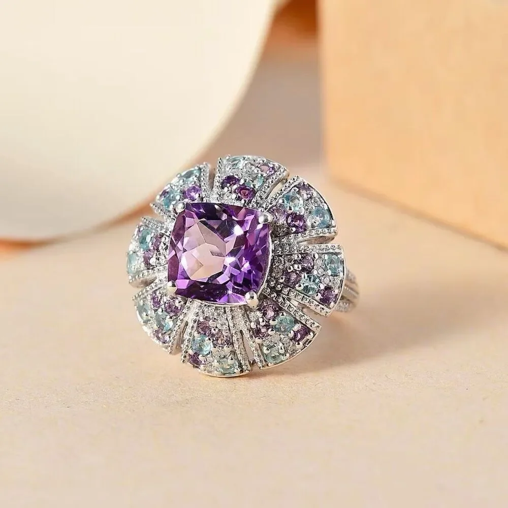Amethyst Moissanite Multi Gemstone 5.85 ctw Floral Ring Sterling Silver Size 7